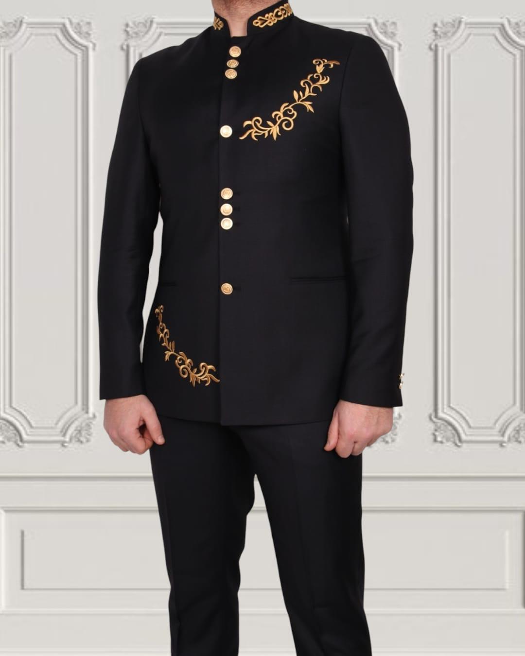 Gold Embroidered Gilded Mandarin Two Piece Suit | Black