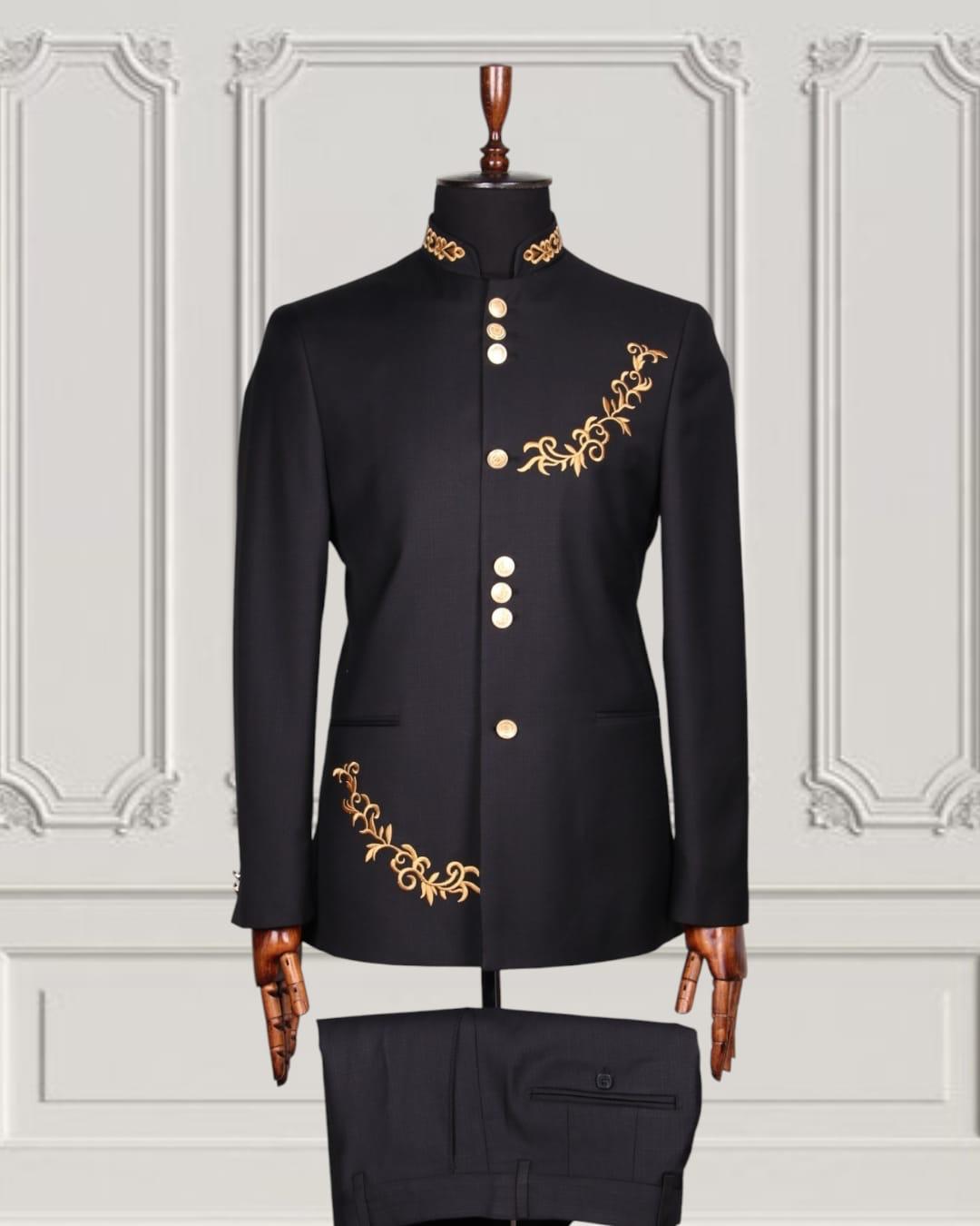 Gold Embroidered Gilded Mandarin Two Piece Suit | Black