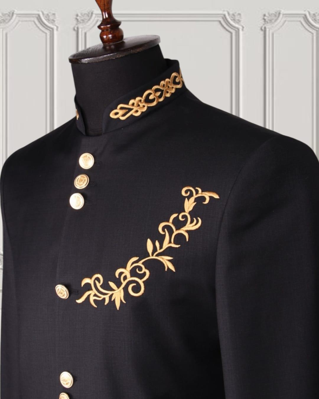 Gold Embroidered Gilded Mandarin Two Piece Suit | Black