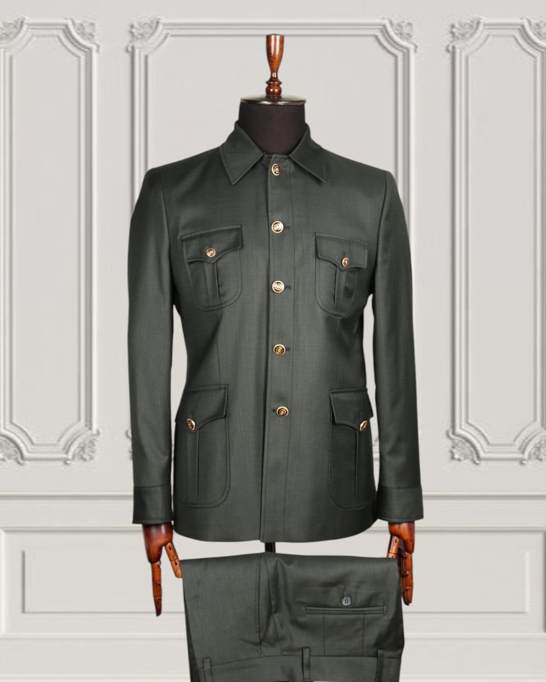 Men Gold Button Square Collar Safari Suits Formal Casual Business Formal Blazer Jacket and Pants