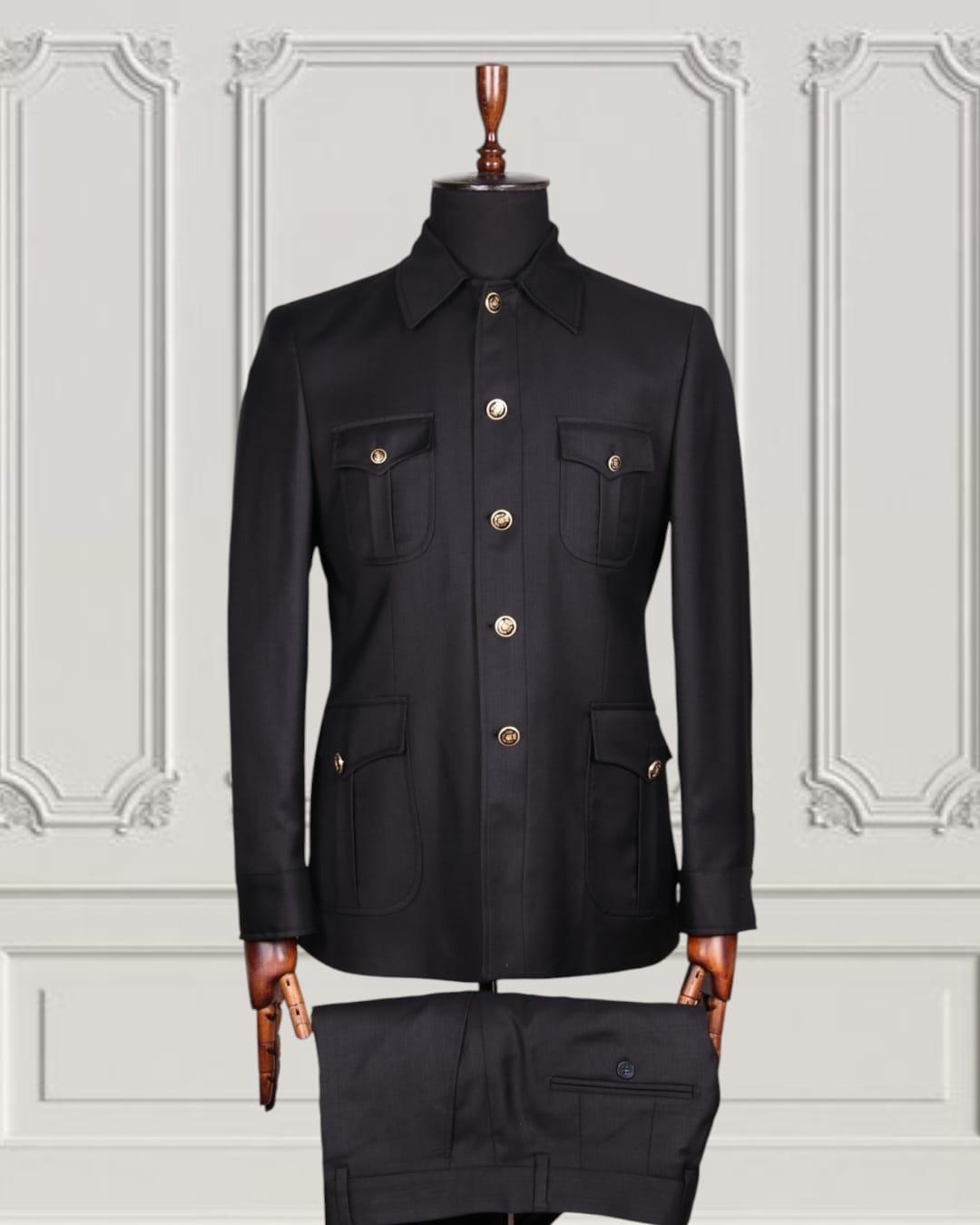 Men Gold Button Square Collar Safari Suits Formal Casual Business Formal Blazer Jacket and Pants