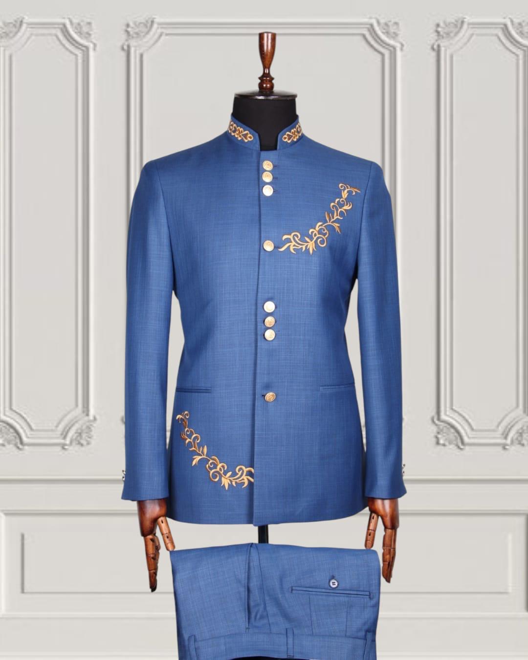 Gold Embroidered Gilded Mandarin Two Piece Suit | Blue