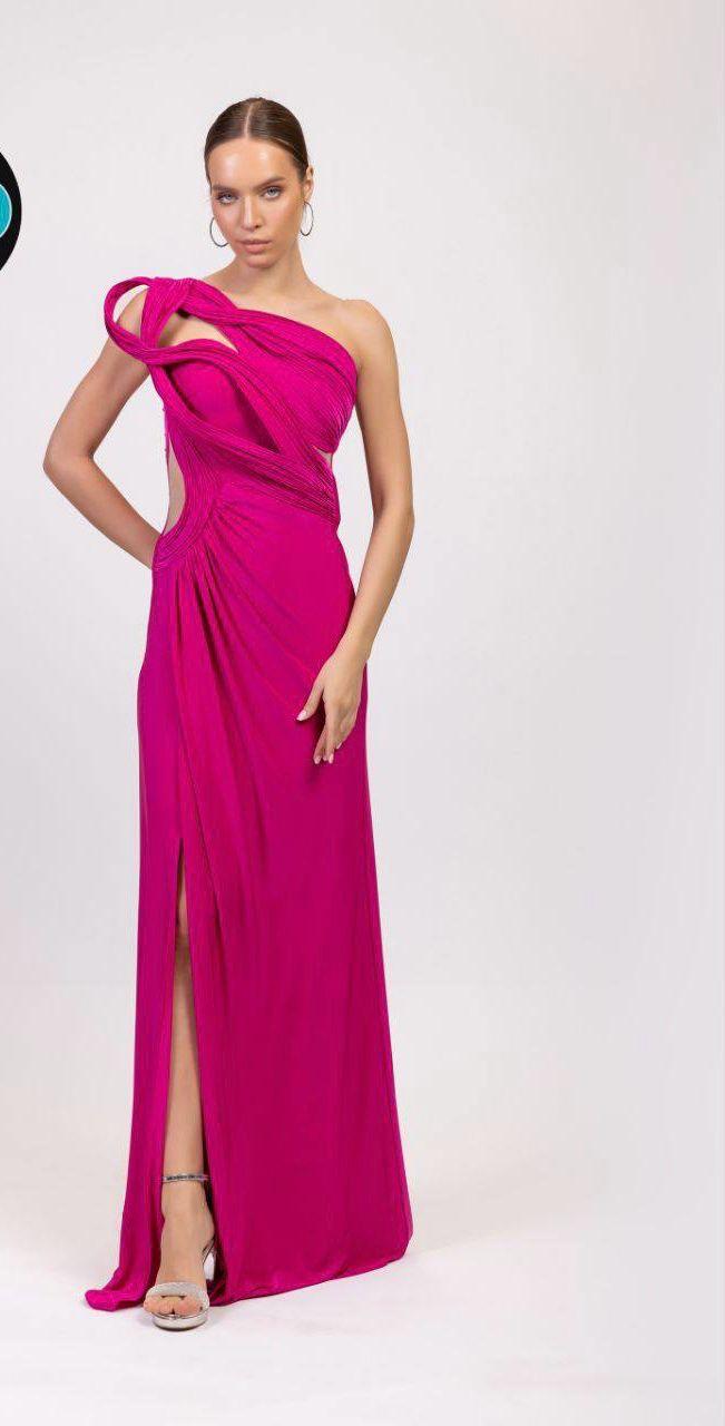one shoulder evening dress with slit detail