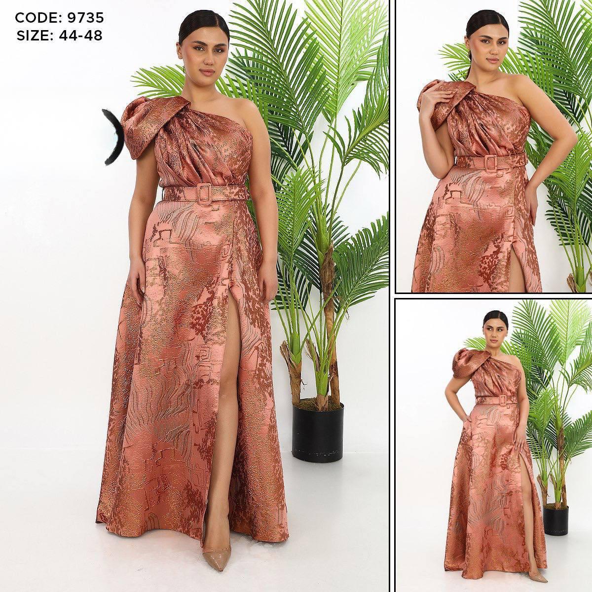 one shoulder prom dress with thigh split in navy jacquard print
