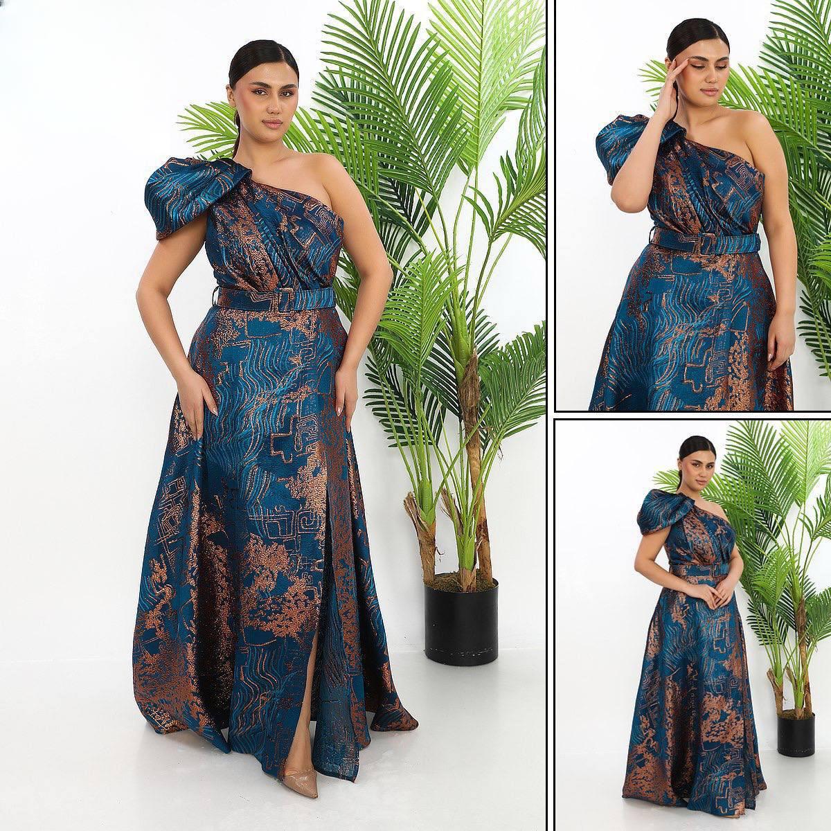 one shoulder prom dress with thigh split in navy jacquard print