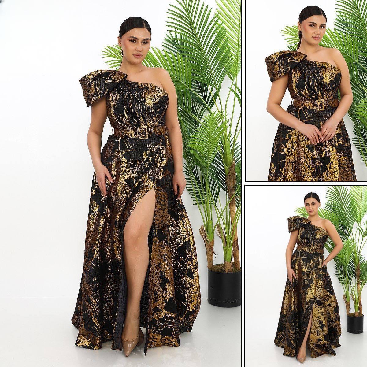 one shoulder prom dress with thigh split in navy jacquard print