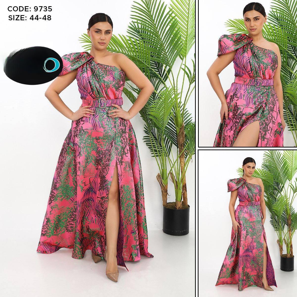 one shoulder prom dress with thigh split in navy jacquard print