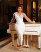 Women's Civil Wedding Dress with One Shoulder, Long Sleeve with Fur, Court Train Dresses