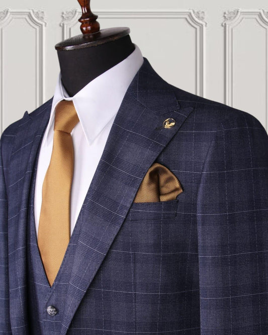 Navy Blue Plaid Slim Fit Business Suit