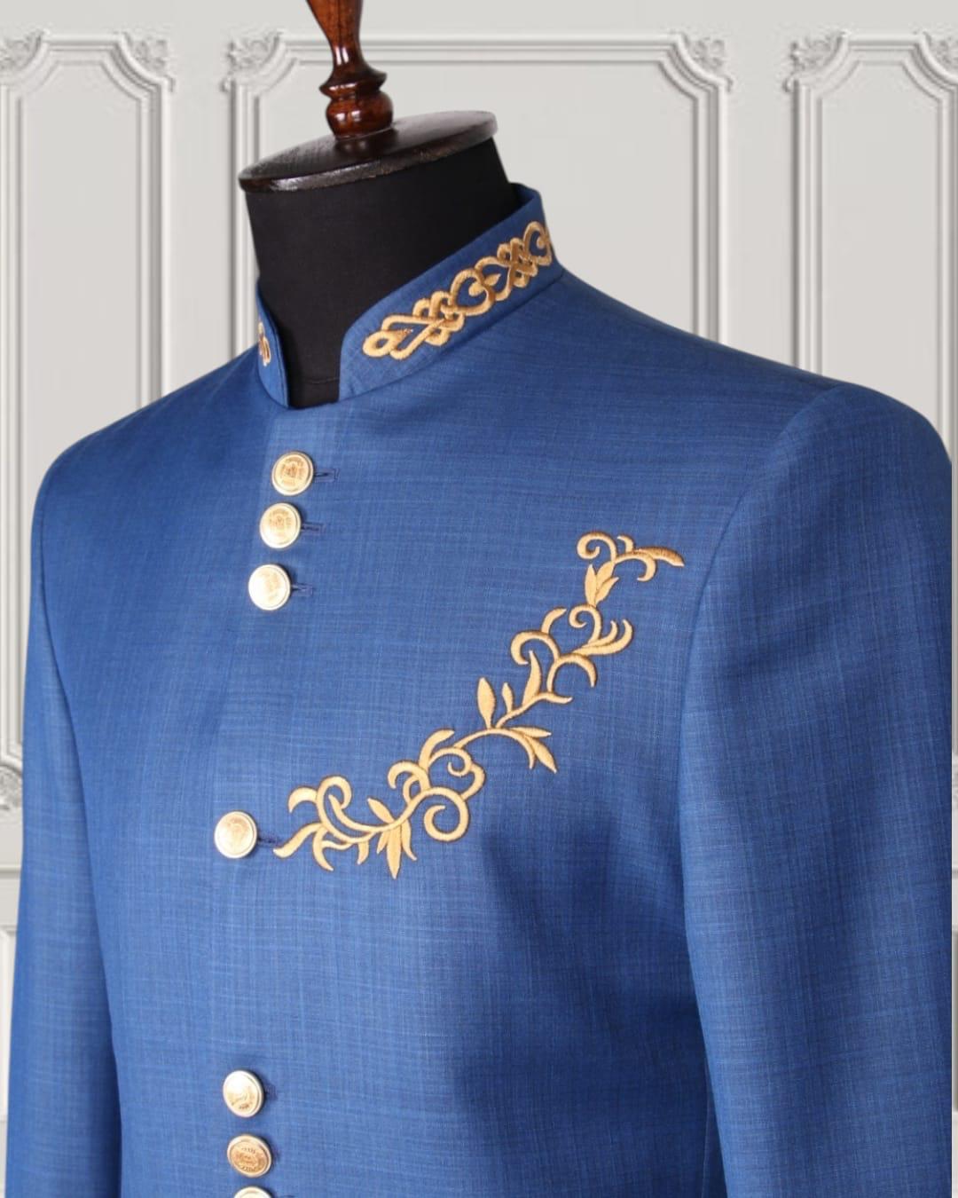 Gold Embroidered Gilded Mandarin Two Piece Suit | Blue