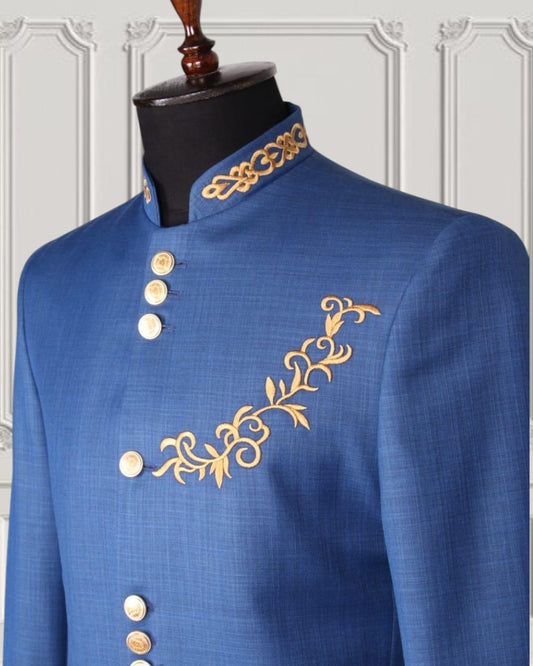 Gold Embroidered Gilded Mandarin Two Piece Suit | Blue