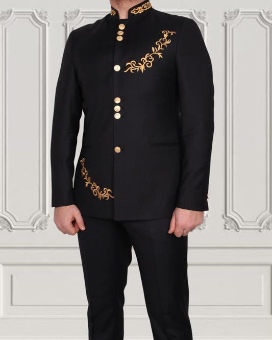 Gold Embroidered Gilded Mandarin Two Piece Suit | Black