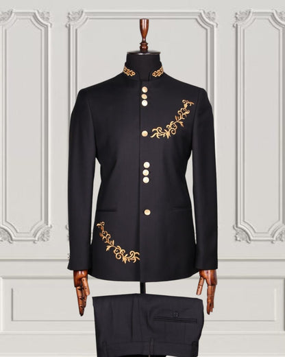 Gold Embroidered Gilded Mandarin Two Piece Suit | Black