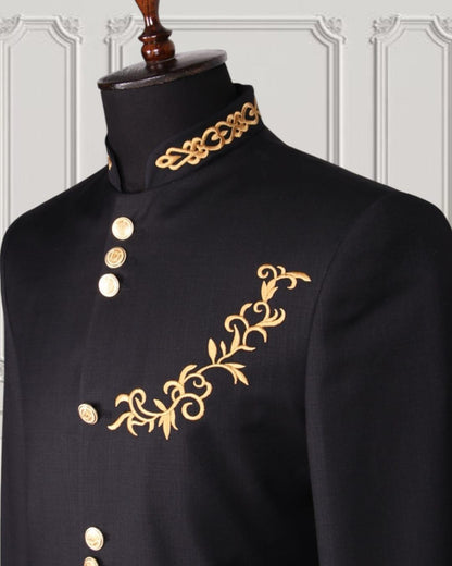 Gold Embroidered Gilded Mandarin Two Piece Suit | Black