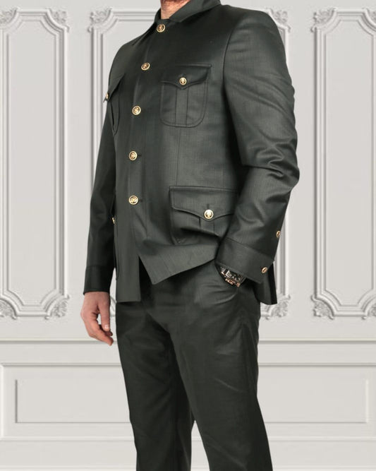 Men Gold Button Square Collar Safari Suits Formal Casual Business Formal Blazer Jacket and Pants