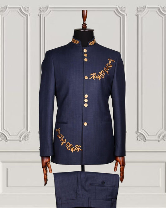 Midnight Blue Zardosi Embroidered  Jodhpuri Suit-ST1386
