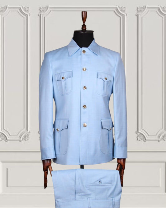 New designer Stylish Sky Blue color safari suit for men for wedding and festive occasions and events