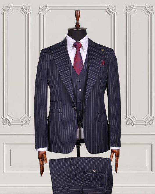 Formal Men Suits Pin Striped 3 Pieces Wide Peak Lapel Business Wedding Tuxedos
