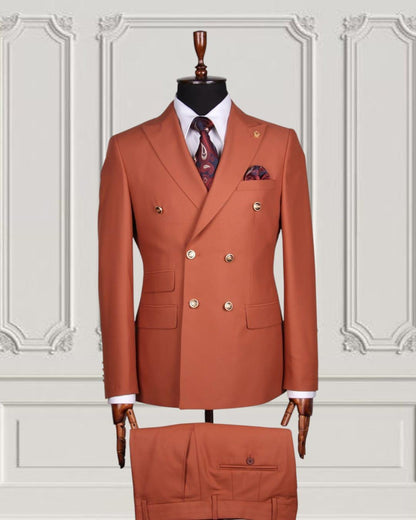 Formal Orange Peaked Lapel Double Breasted Men Suits For Business