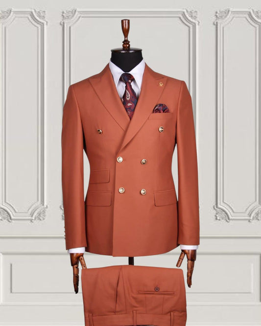 Formal Orange Peaked Lapel Double Breasted Men Suits For Business