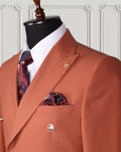 Formal Orange Peaked Lapel Double Breasted Men Suits For Business